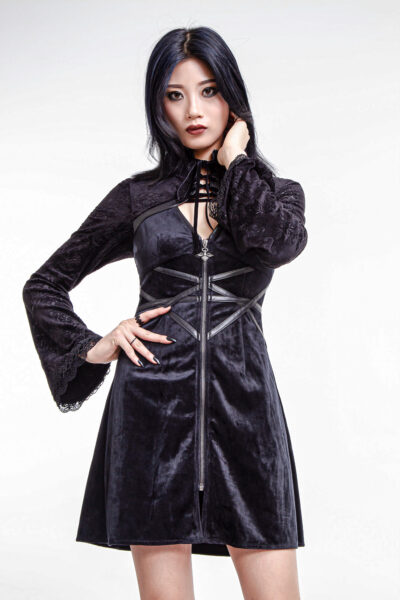 Witchy Velvet High Neckline Lace Up Dress