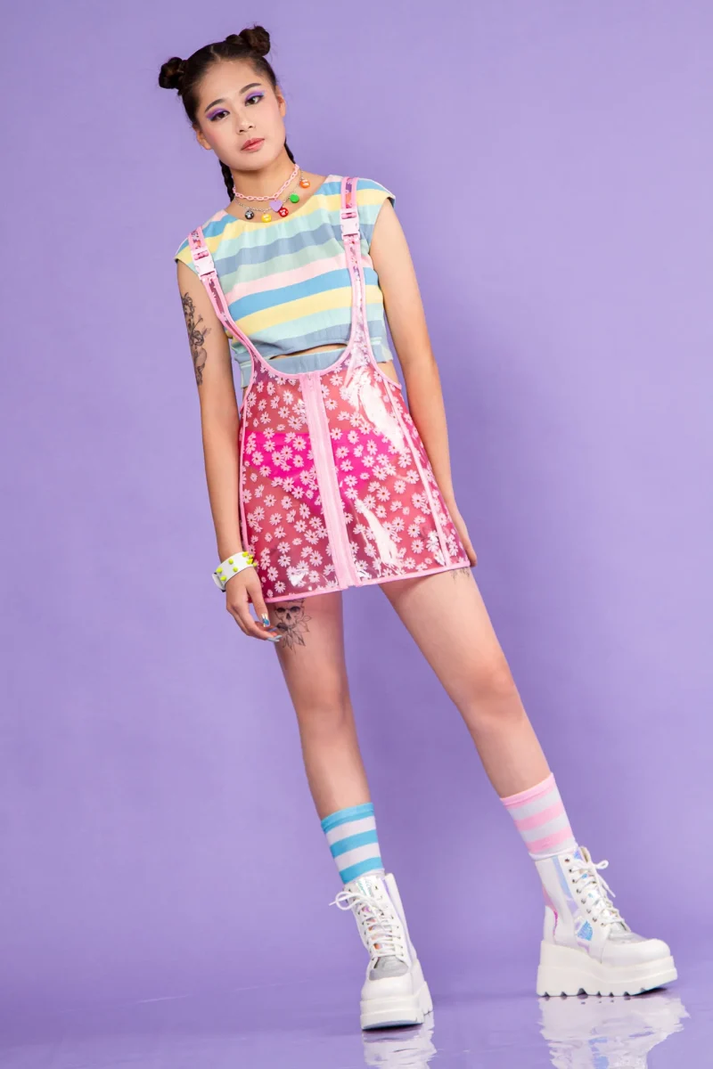 Chrysanthemum Print Transparent Vinyl Strap Skirt DR025