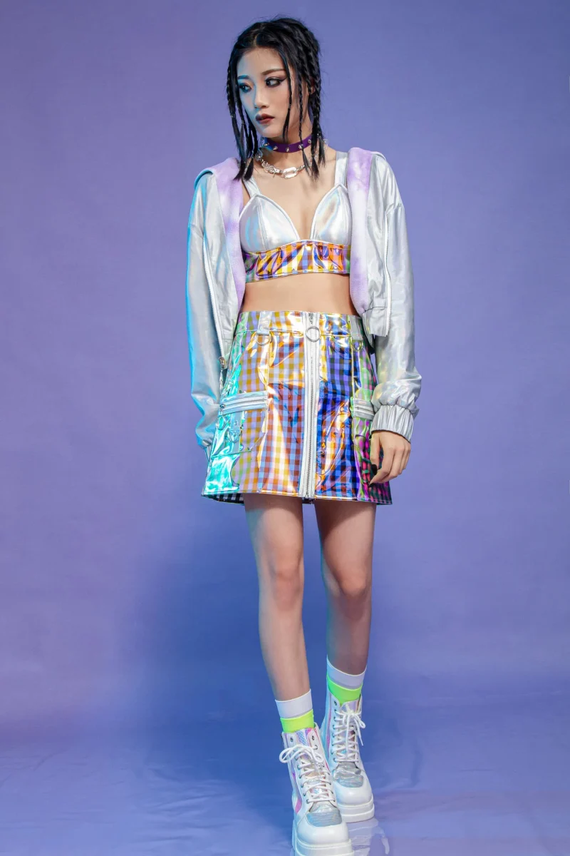 Laser party Laser light Plaid skirt SE020DN