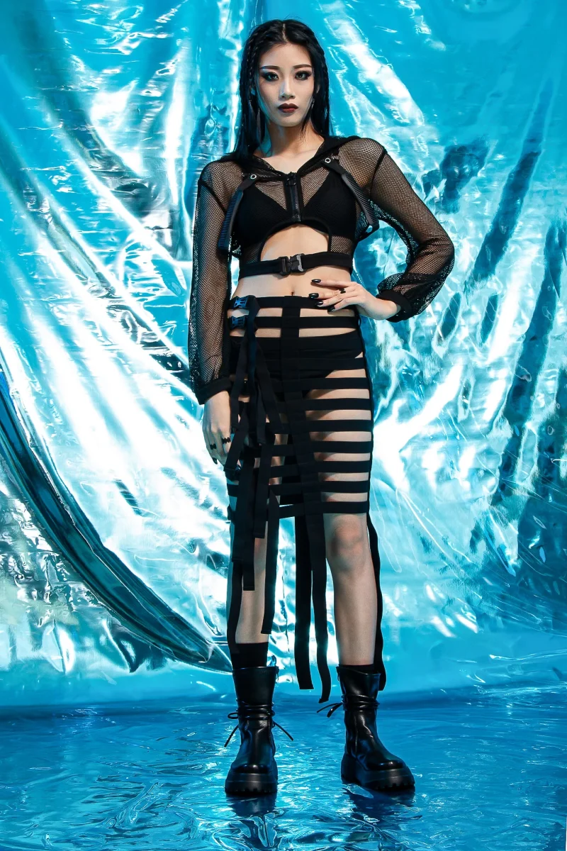 Strap Handle Fishnet Hood Jacket JA006
