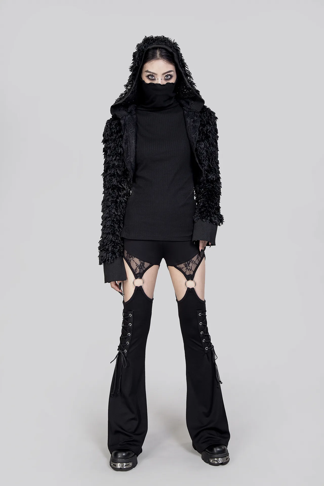 gothic long-sleeved hooded fluffy cutout top JA2433