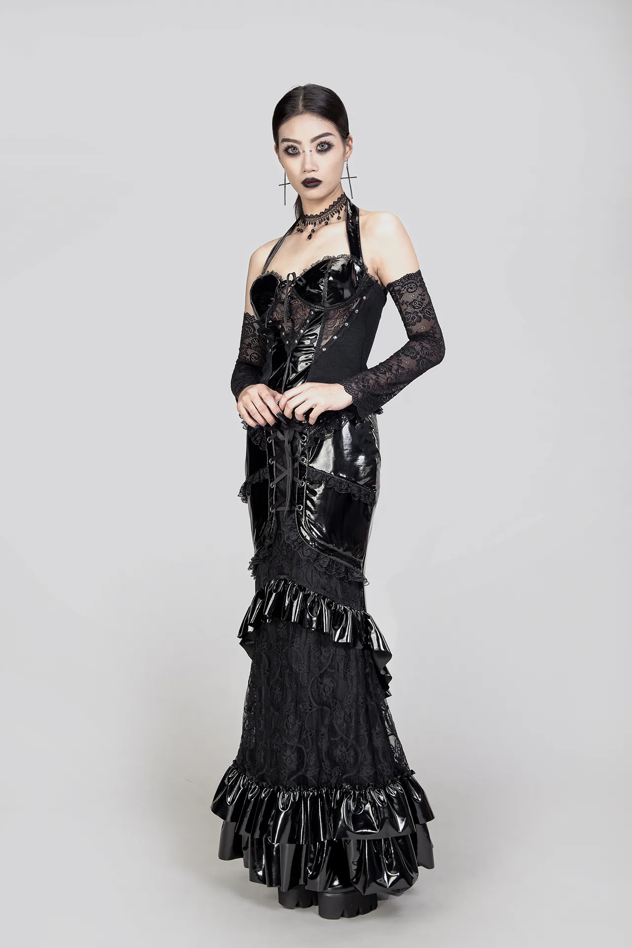 Gothic lace strappy fishtail long skirt LS2436