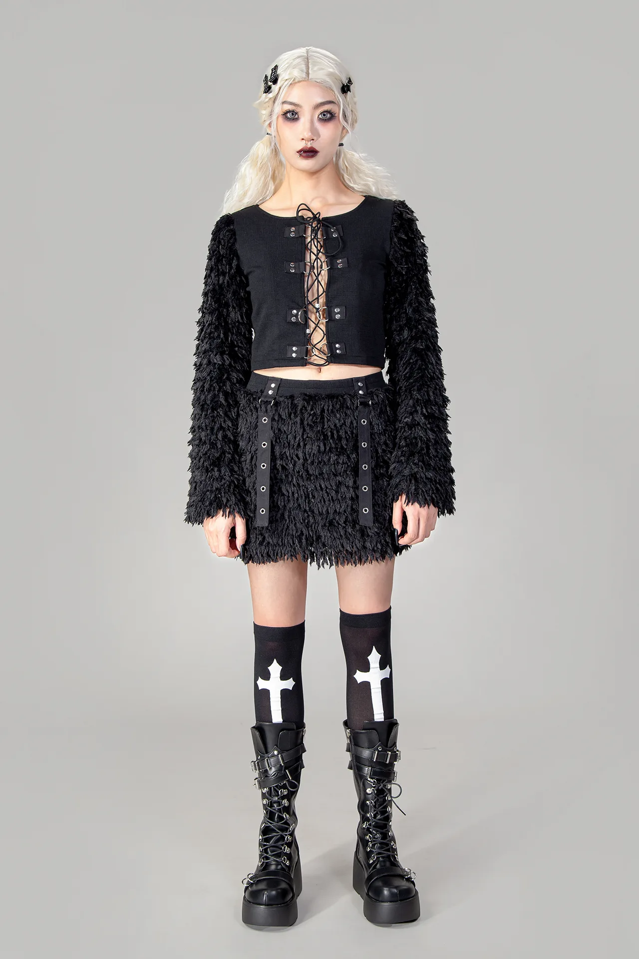 Gothic front slit lace up long sleeve T-shirt crop top TS2406