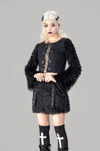 Gothic fur sleeve front slit lace up long sleeve T-shirt crop top TS2406