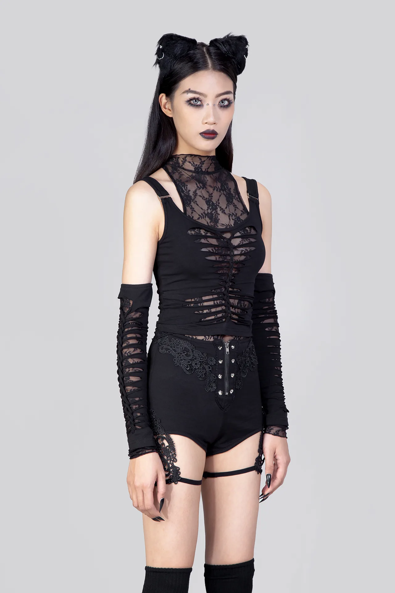 Gothic two-piece lace cutout tank top with sleeves VE2413