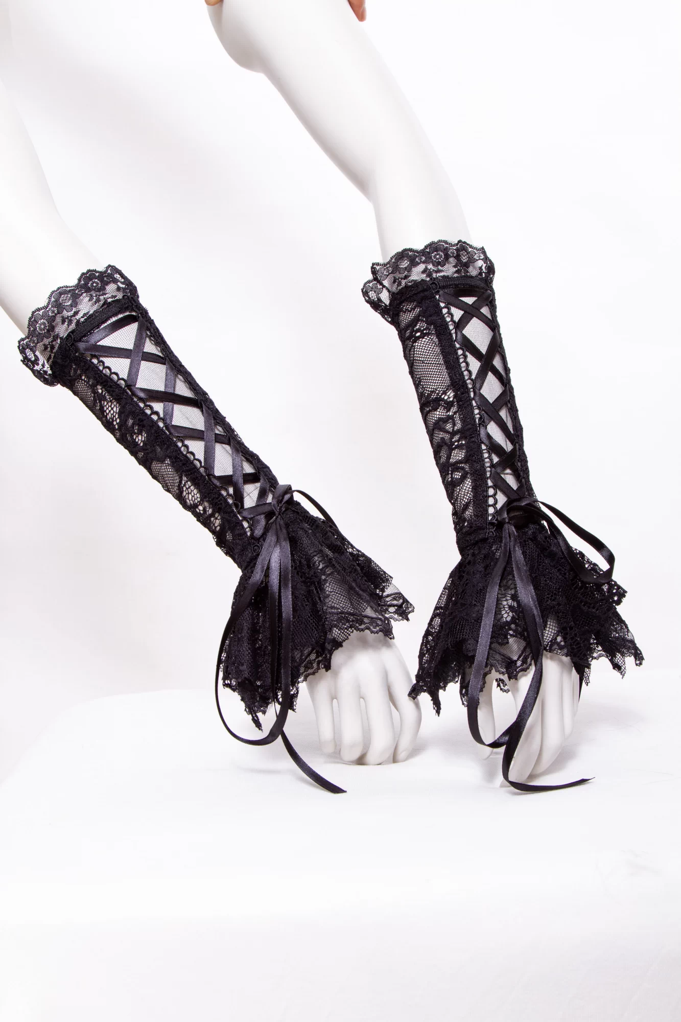 Dark Lolita Black Lace Arm Warmers - Ruffled Cuff & Ribbon Lace-Up (Style 1016BK)
