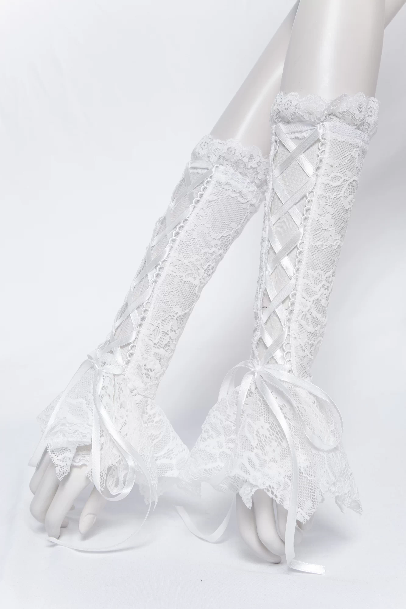 Romantic Cottagecore White Lace Arm Warmers - Ruffled Cuff & Lace-Up Tie (Style 1016W)