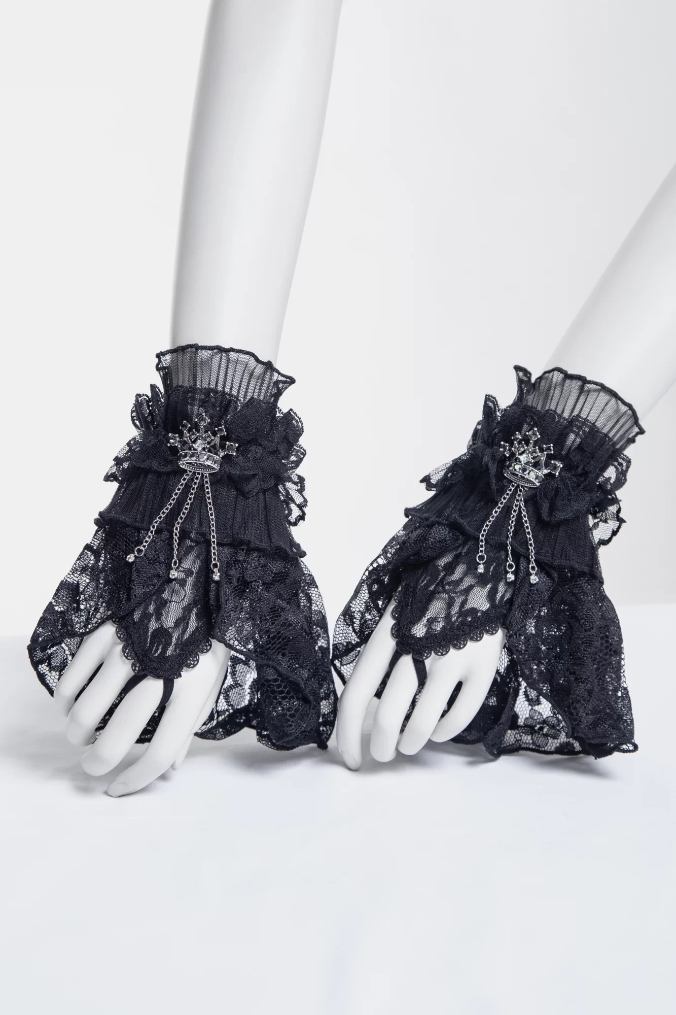 Dark Lolita Black Lace Half-Finger Gloves - Tiered Ruffle & Crown Pendant (Style 1018BK)