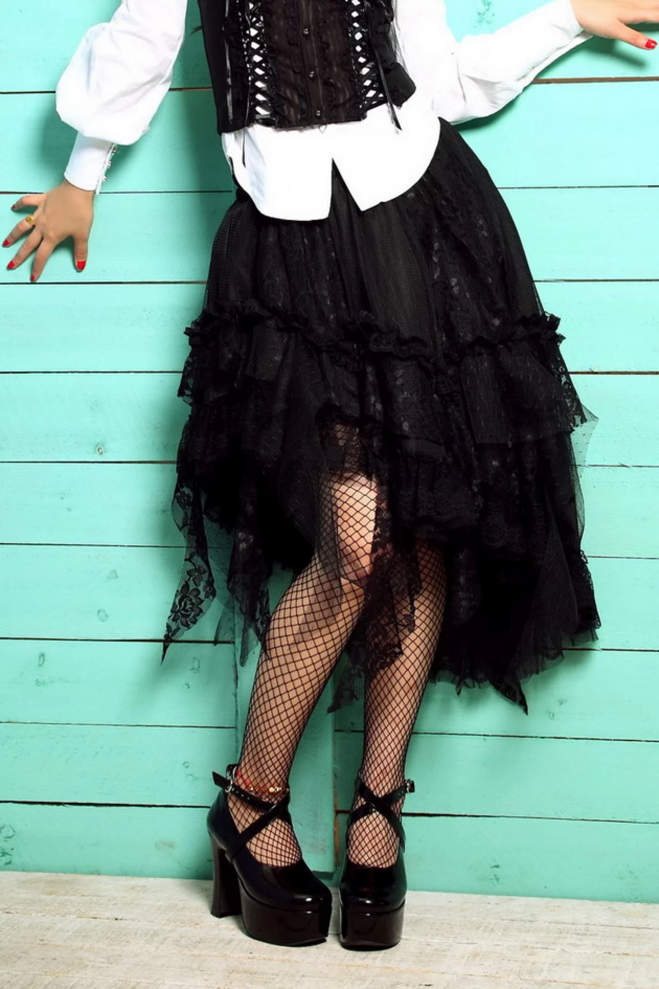 Gothic Black Asymmetrical Lace Tulle Skirt - Layered Ruffle & Sheer Hem (Style 21013BK)